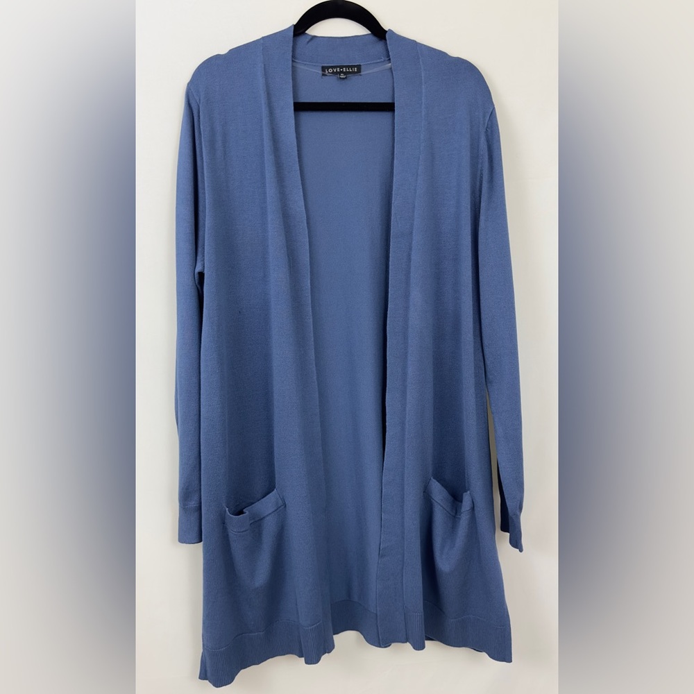 LOVE ELLIE Alisa Steel Blue Open Front Smooth Lightweight Cardigan  Pock…